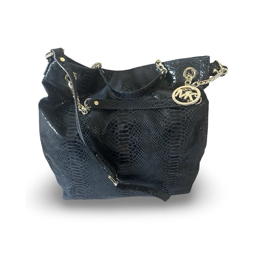 Michael Kors Black Glossy Embossed Leather Shoulder Bag Gold Chain Hobo Slouchy